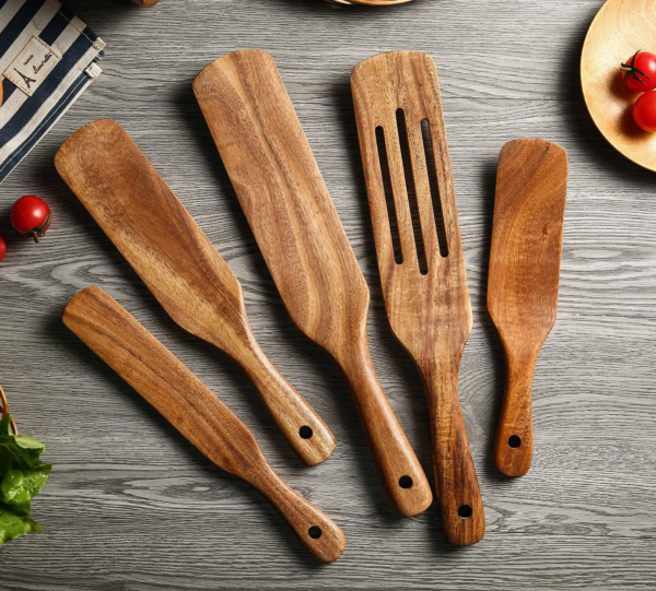 Wooden Spurtles Set Pieces Kitchen Tools Natural Teak Wood Cookware Spatula - Image 5